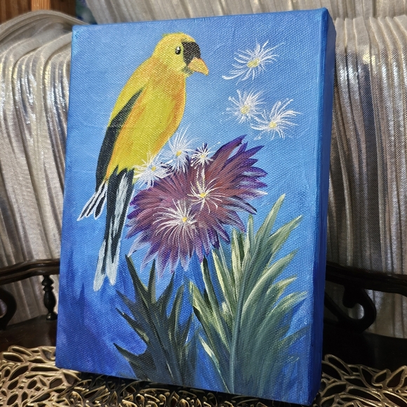 Vintage Painting of Yellow Bird on Flowers Wall Art, Home Decor - Picture 3 of 9